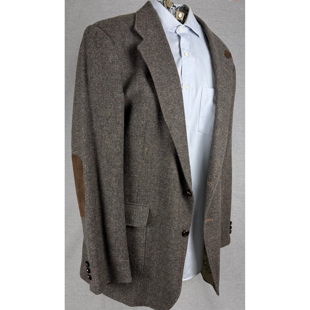 Barrington Mens 44L Brown Herringbone Wool Blazer Suede Elbow Patches Sport Coat